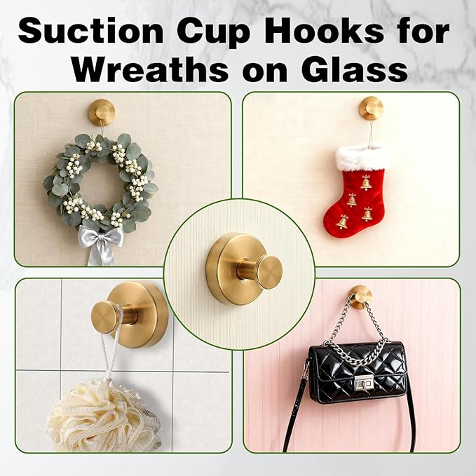 Suction Cup Hooks for Wreaths on Glass, No-Drill Suction Cup Hooks, Wreath Hangers for Front Doors, Metal Towel Hooks for Showers Bathrooms Mirrors (2Pcs Gold)