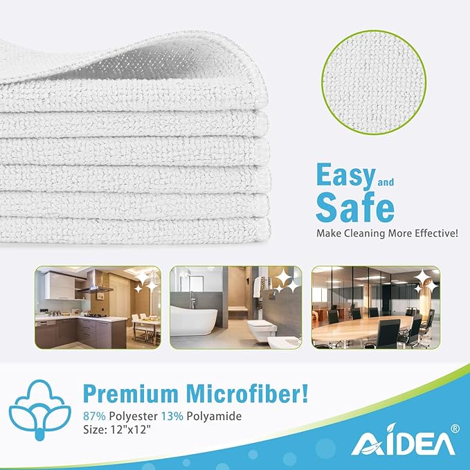AIDEA Microfiber Cleaning Cloth 100PK, Soft Microfiber Towels for Cars, Absorbent Cleaning Rags, Lint-Free Streak-Free Wash Cloths for House, Kitchen, Window(12inx12in), White
