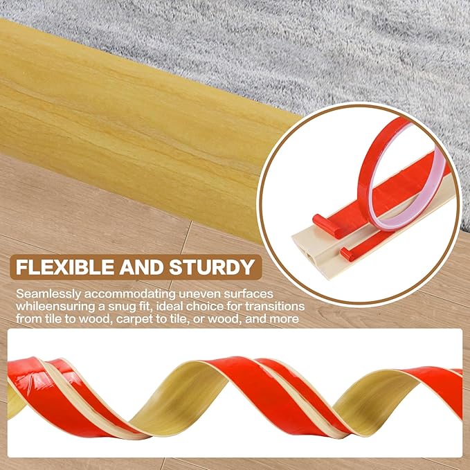 Floor Transition Strip Vinyl Door Threshold Ramp Self Adhesive Carpet Edging Strip Doorway Edge Trim, Overlap Edge Reducer for Laminate Carpet, Floor, Tile (Raw Wood Grain, 1/5" to 2/5", 3.3Ft)