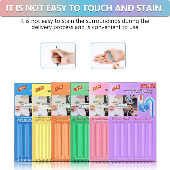 72pcs Drain Cleaner Deodorizer Sticks - Keep Drain Pipes Clear, Prevent Clogs for Kitchen, Bathroom, Toilet (6 Color)