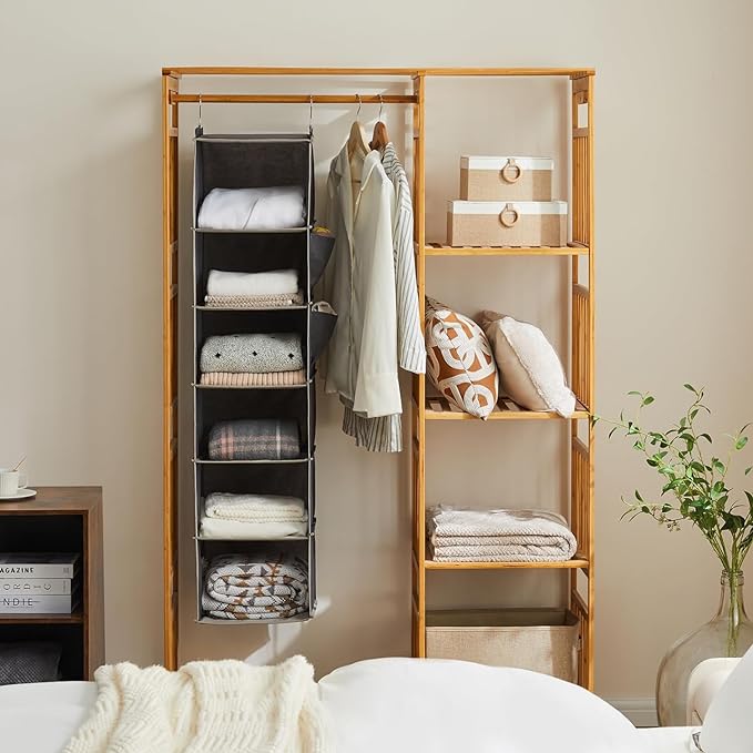 YOUDENOVA Hanging Closet Organizer and Storage, 6-Shelf Closet Hanging Storage Shelves, Grey