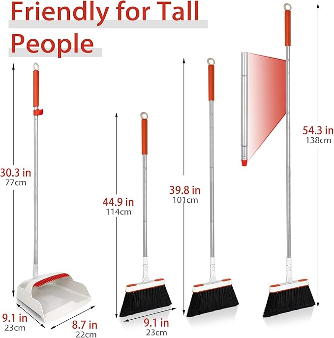 JEHONN Broom and Dustpan Set for Home, Long Handle Lightweight 180 Degree Rotating Broom Set Indoor, Upright Standing Dust Pan with Comb Teeth, Store Sweep Set for Room Kitchen Office (Grey & Red)