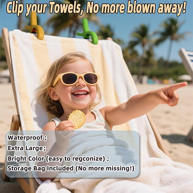 Jumbo Size Beach Towel Clips 8 Pcs, Storage Bag Included, Towel Clamps, Plastic Clothes Pegs Hanging Clamps, Towel Clips for Beach/Pool Cover/Cruise Chairs, Heavy Duty Clothes Pins, Beach Accessories