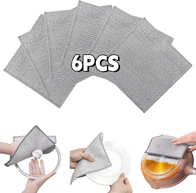 Stainless Steel Scrubber and Cleaning Rags - Non Scratch Wire Dishcloth for Washing Dishes, Steel Wool Scrubber and Dish Towels for Kitchen (6PCS)