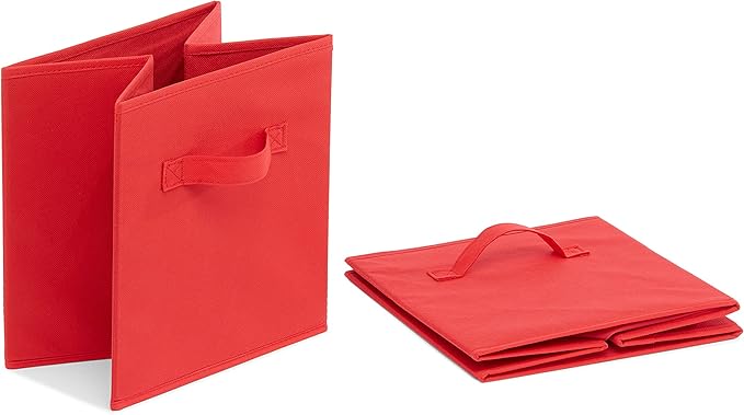 Amazon Basics Cube Organizer Storage Bins Handles, Collapsible Fabric, Pack of 30, 10.5"x10.5"x11", Red