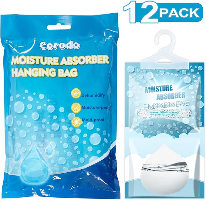 12 Pack Hanging Moisture Absorbers - Fagrance Free Dehumidifier Bags, 8.11 OZ, Removes Moisture & Odors, Humidity Absorber Packs for Closet Bedroom Kitchen