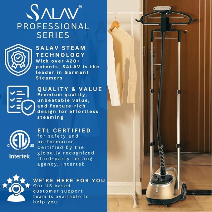 SALAV® Professional Garment Steamer for Clothes with Foot Pedal Control, Stainless Steel Steam Plate, Retractable Power Cord, 1.8L Water Tank for 1hour Steam Time, Wheels for Easy Movement, Gold