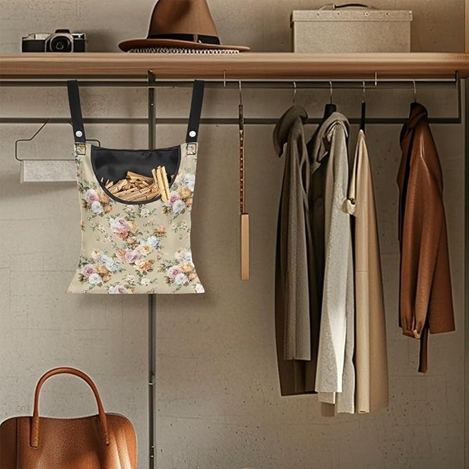 Clothespin Bag with Large Capacity for Mini Clothespins and Wooden Clothespins with Large Opening Storage Organizer Space-Saving Laundry Hanging Bag - Flower Pattern