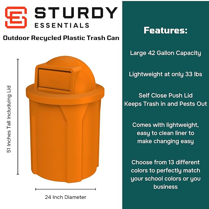 42 Gallon Circle 100% Recycled Plastic Heavy Duty Outdoor Commercial Trash Can with Push Open Dome Lid and Internal Liner Great for Schools and Businesses - Orange