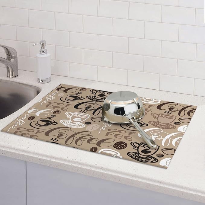 Brown Coffee Maker Beans Theme Microfiber Absorbent Reversible Dish Drying Mat For Kitchen Counter Xl Large Pad 18 X 24 Inch