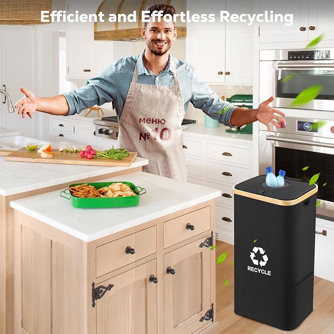Recycling Bin for Kitchen 100L, 26 Gallon Recycle Bin with 2 Removeable Reusable Waterproof Inner Bag, Large Recycling Bin with Lid for Bottle Can Plastice Stickers (Black)