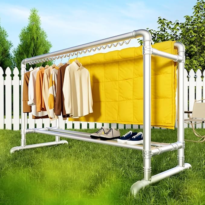 Clothes Drying Rack with Windproof Hooks, 63 inch Drying Rack Clothing Indoor Outdoor, Free Standing Metal Clothes Rack