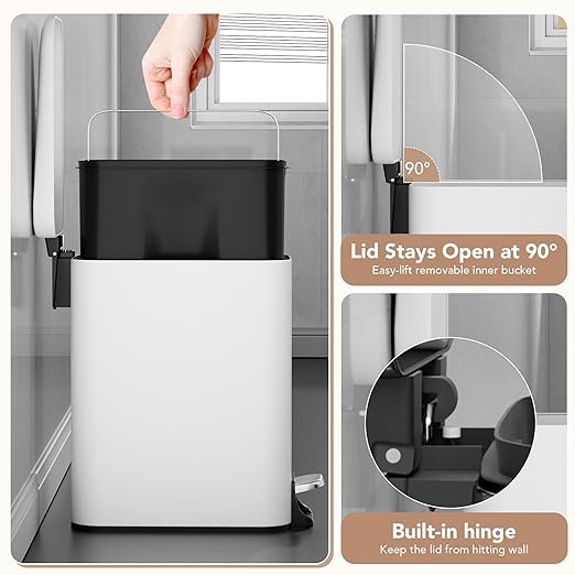 Small Trash Can with Lid Soft-Close, 6 L/1.6 Gal Bathroom Garbage Can with Removable Inner Bucket, Step Pedal, Stainless Steel Wastebasket for Kitchen, Bathroom, Bedroom, Office, White