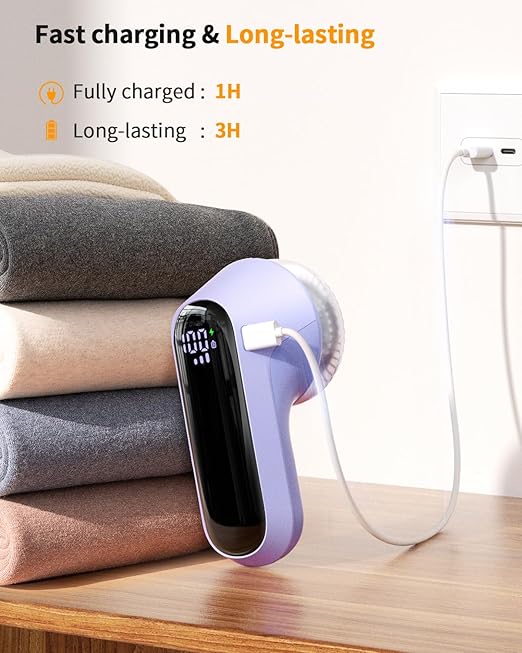 Fabric Shaver, Rechargeable Lint Shaver with Digital Display, Electric Portable Sweater Shaver with 6-Leaf Blades and Safety Lock, 3-Speeds Lint Remover to Remove Pilling for Clothes, Couch （Purple）