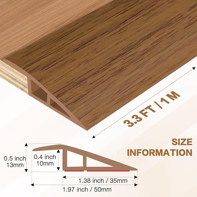 Floor Transition Strip Vinyl Door Threshold Ramp Self Adhesive Carpet Edging Strip Doorway Edge Trim, Overlap Edge Reducer for Laminate Carpet, Floor, Tile (Orange Oak, 1/5" to 2/5", 3.3Ft)