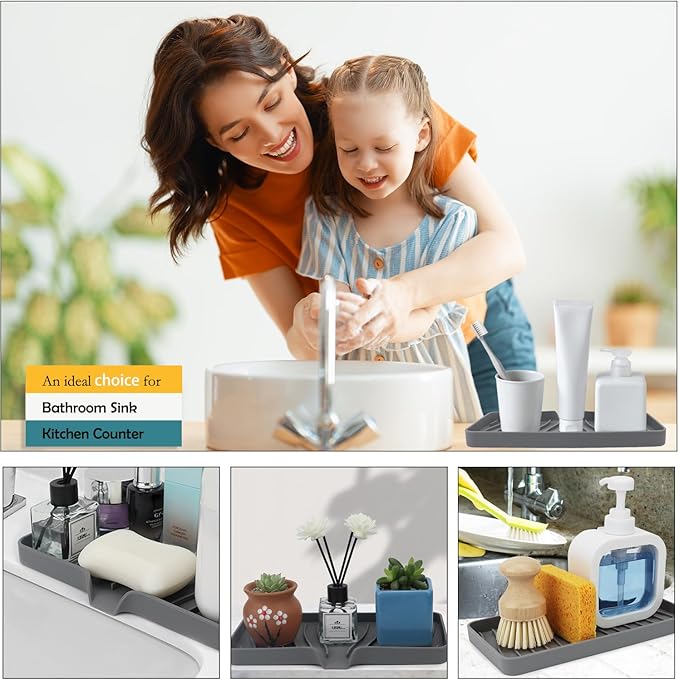 YASMEN Silicone Bathroom Soap Dishes, Sink Sponge Holder for Kitchen, Rubber Soap Dish with Drain, Shower Soap Sponge Tray, Sink or Counter Organizer, for Bar Soap, Bottle, Dish Soap Dispenser-Gray