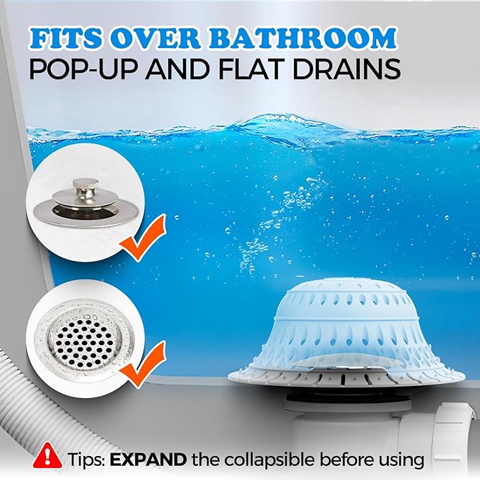 zaa 5 Pcs Bathtub & Shower Drain Hair Catcher, 2 Pack Silicone Collapsible Drain Protector and Drain Cover with 3 Snake Drain Clog Removers, for Pop-Up and Regular Drains of Tub, Shower, Bathroom