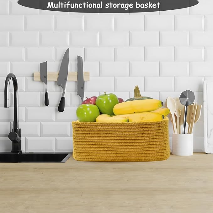 COMFY-HOMI 13" x 8.5" x 5.1" Storage Baskets for Organizing | Cotton Rope Woven Basket | Toy Storage Bin Box | Basket for Shelves, Closet Organizer Bin, Decorative Closet Shelf, 3 Pack, Yellow