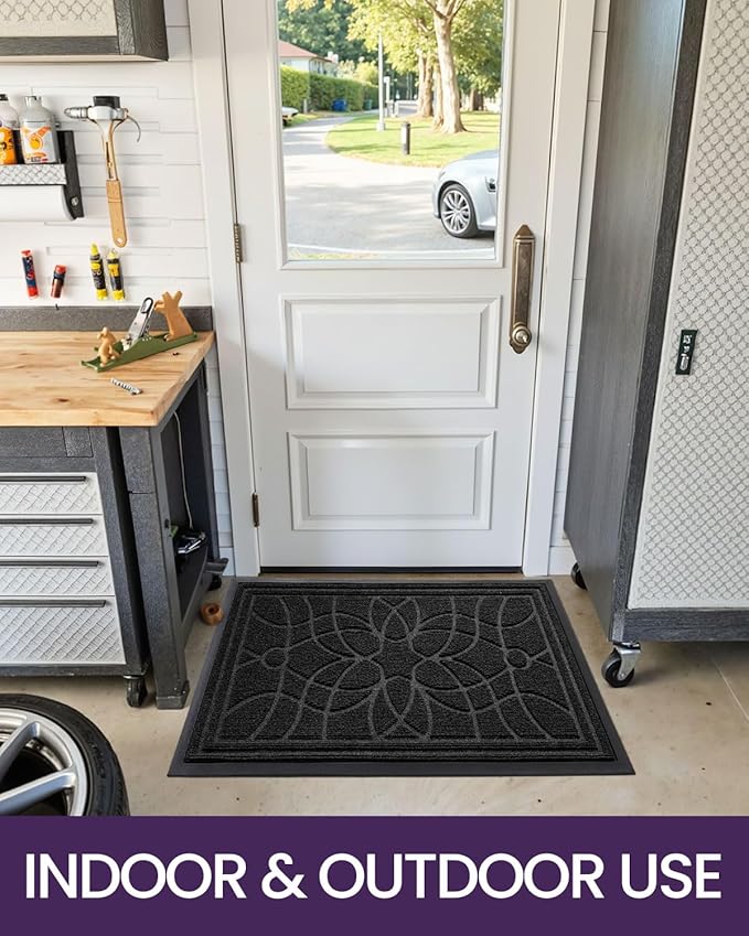 DEXI Front Door Mat Outside Entrance, Heavy Duty Non Slip Low Profile Doormat for Entryway, Trap Dirt and Moisture Welcome Mats, Easy Clean, Patio, Garage, 5x3, Black