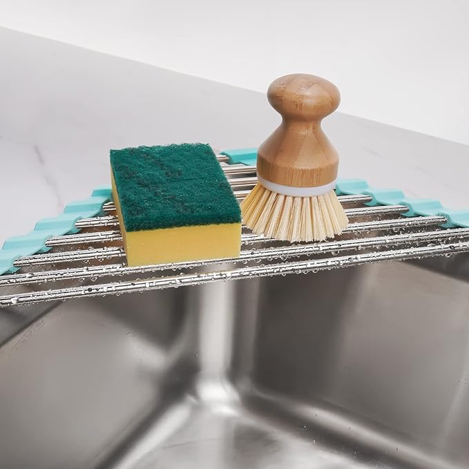 Tomorotec Green Triangle Roll-Up Dish Drying Rack for Sink Corner - Small, Foldable, Stainless Steel, Multipurpose Kitchen Drainer Caddy, Trivet, Rustproof Organizer, Storage Shelf
