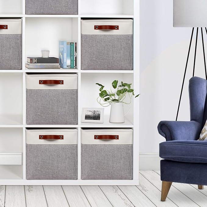 Univivi 10.5 Inch Fabric Cube Bins with Hard Bottom, 4 Pack Storage Baskets with PU Handles for Shelves Closet Foldable Storage Bins for Organizing (Gray,10.5" x 10.5" x 11")