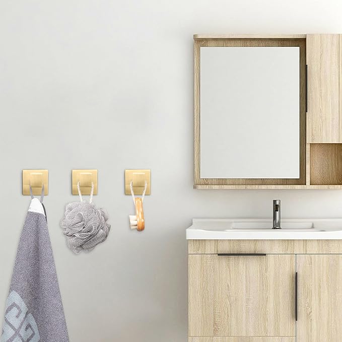 NearMoon Bath Towel Hooks -SUS304 Stainless Steel Square Clothes Robe Hooks Hanger, Heavy Duty Coat Hooks for Bathroom Livingroom Hotel Kitchen Garage, Wall Mounted (3 Pack, Chrome Gold)