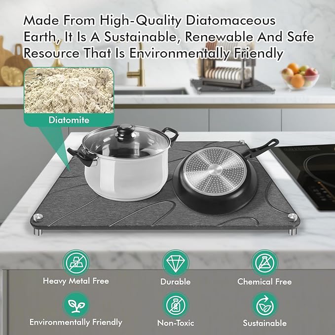 Stone Drying Mat For Kitchen Counter Superb Absorbent Diatomaceous Earth Mats with Non-Slip Feet Quick Dry Stone Dish Drying Pad Dish Pad Multi-Purpose(Flow Line-DarkGrey, 15.7" x 11.8")