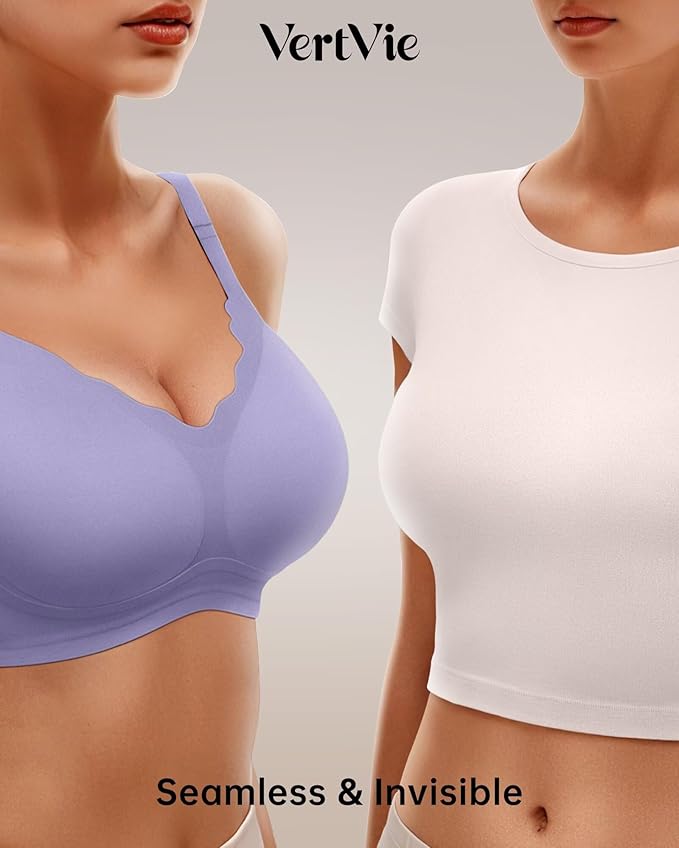 Vertvie Womens Seamless Bras No Underwire Supportive Wireless Push Up Full Coverage Bralette Comfort Scalloped T-Shirt Bra