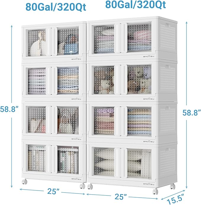BROVIEW 160Gal Stackable Storage Bins with Lids & Wheels, 640Qt Plastic Collapsible Closet Organizer and Storage Drawers, Storage Boxes Cabinets for Home, Office, 8 Pack, White