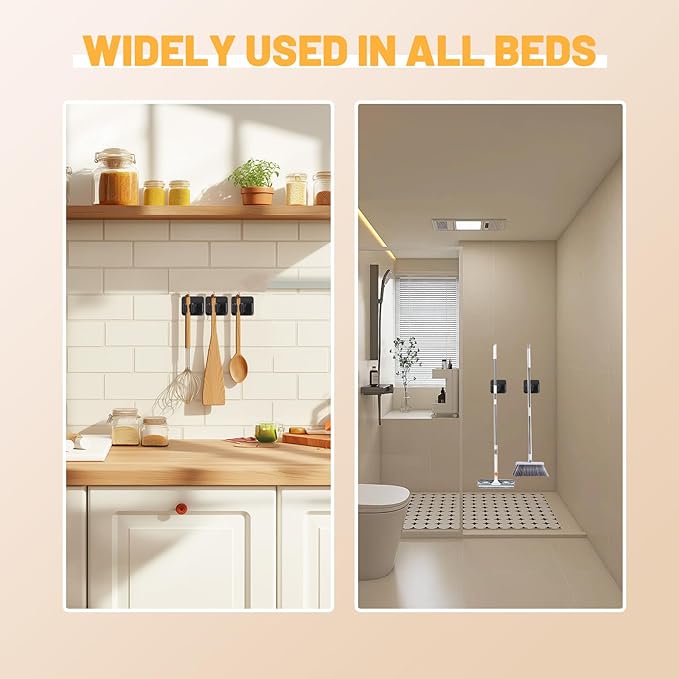 3 Pack Broom Holder Wall Mount,Stainless Steel Broom Holder with Hooks Screw, No Drill Self Adhesive Hanger Tool Rack Organizer for Closet Garage Laundry Room Kitchen Decor (Black) (3)