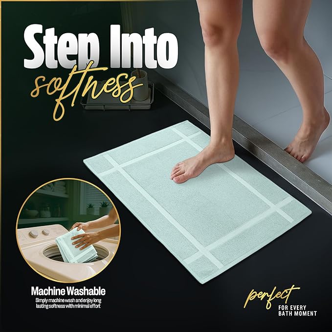 Pearl Linens Pack of 2 100% Cotton Bath Mat 18x25 inches, Soft & Absorbent Quick Dry Bathroom Mat Set, Not Bathroom Rugs, After Shower Mat, Bath Tub Mat, 687 GSM, Machine Washable, Mint Green