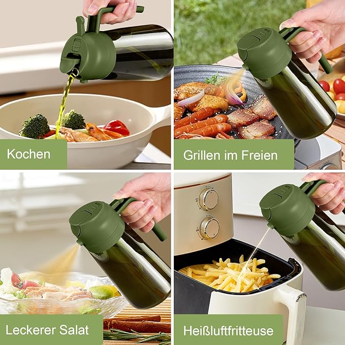 YARRAMATE 2Pcs 16oz/470ml Dark Green Oil Sprayer for Cooking with Stickers, Food-grade Premium 2 in 1 Olive Oil Dispenser Bottle for Kitchen Gadgets, Air Fryer, Salad, Frying, BBQ (Black&OliveGreen)