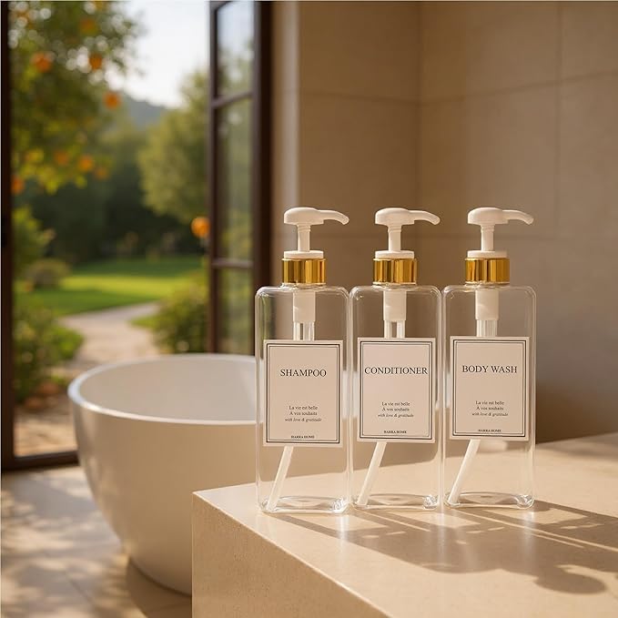 Modern Gold Design Large 27 oz Shampoo and Conditioner Dispensers - Empty Plastic Refillable Pump Bottle Set for Bathroom Shower Soap Dispenser, Set of 3 (Clear & White)