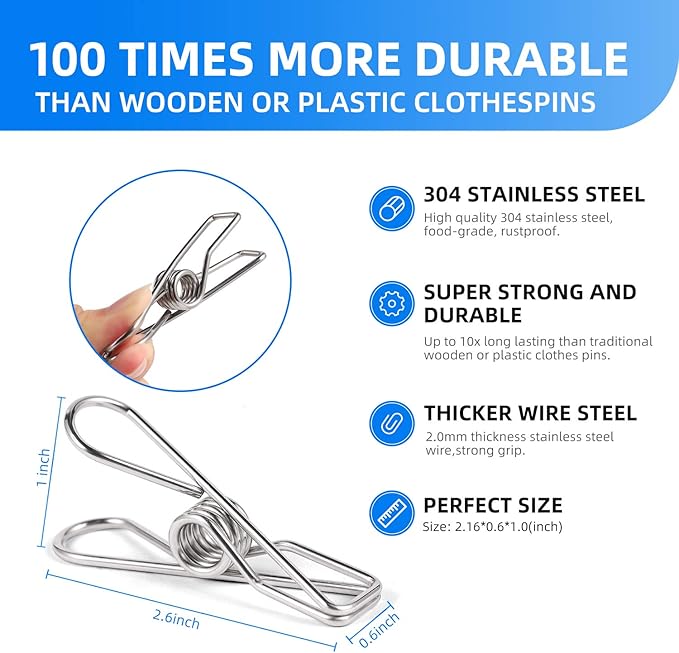 Heavy Duty Clothes Pins for Hanging Clothes, Stainless Steel Clothespins for Landry, Metal Clothes Clips, Clothes Pegs