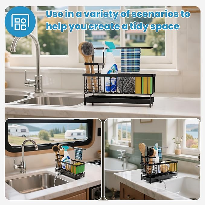 Kitchen Sink Caddy, Sponge Holder with 360 Degree Rotating Drain, Carbon Steel Organizer with High Brush Holder Rustproof, Sink Caddy Organizer for Kitchen Gadgets and Decor