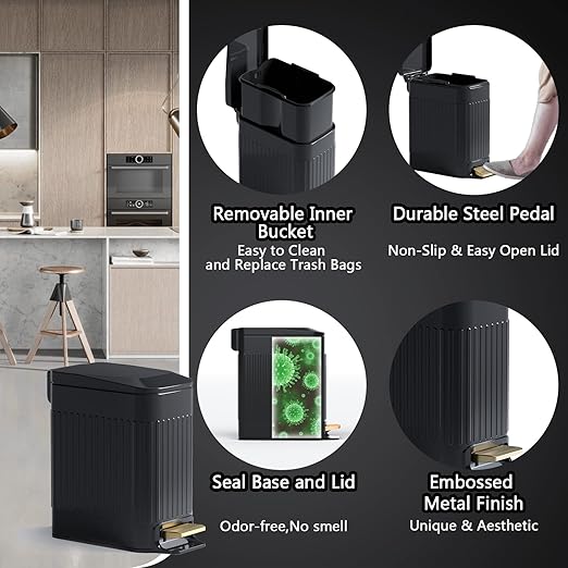CEROELDA Small Bathroom Trash Can with Lid Soft Close-5L/1.3 Gal Slim Garbage Can-Metal Step Wastebasket-Rectangle Narrow Waste Bin for Office, Bedroom, Toilet, Live Room (Embossed-Black)