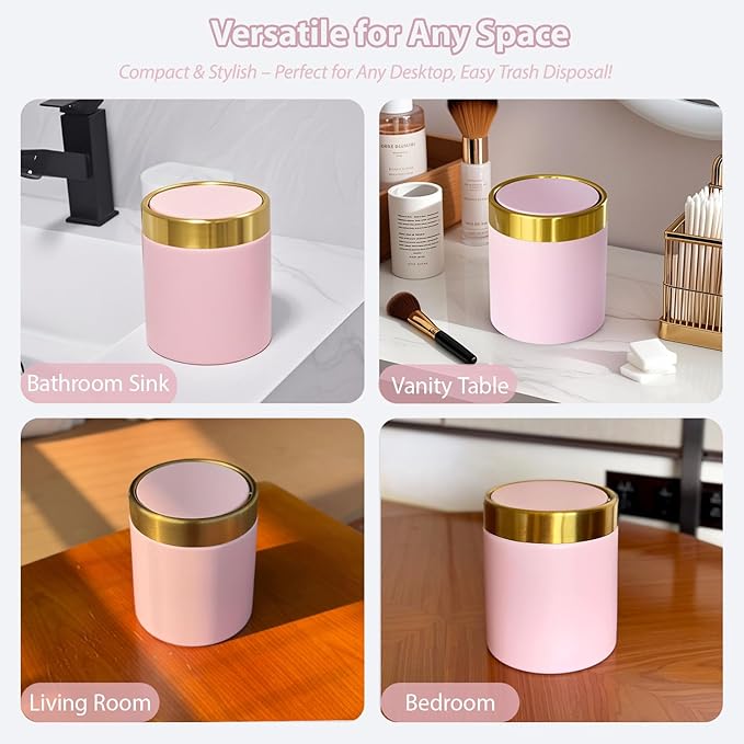 Mini Trash Can with Lid, Metal Small Tiny Mini Trash Bin Can, Mini Countertop Trash Cans for Desk Car Office Kitchen, Swing Top Trash Bin 1.5 L/0.40 Gal (Pink)
