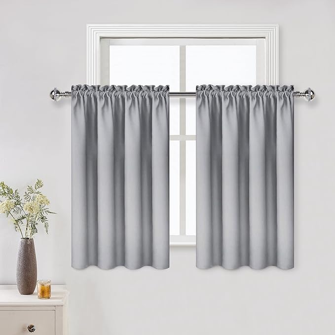 DWCN Blackout Curtains for Living Room Thermal Insulated, Energy Saving & Noise Reducing Bedroom Curtains, Silver Grey, W 52x L 36 Inch, Set of 2 Rod Pocket Curtain Panels