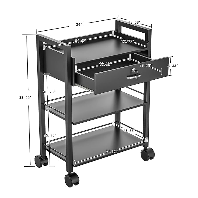 Paddie Salon Trolley Cart, Salon Tray Wooden Mobile Utility Cabinet with 1 Drawer 2 Trays, Rolling Storage Station Medical Esthetic Supply Holder for Beauty Spa (1 Drawer, Black)