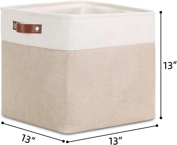 DULLEMELO Cube Storage Bin 13x13,Collapsible Fabric Storage Cube for Organizing,Cubby Storage Basket for Shelves,Closet,Laundry,Nursery,Toys,Clothes (White&Khaki)