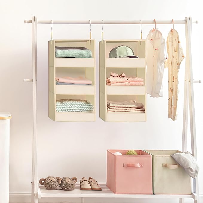 GRANNY SAYS 3 Shelf Hanging Closet Organizers and Storage, Collapsible Closet Storage Organizer with 2 Metal Hooks, Leak-Proof Hanging Shelves for Wardrobe, RV Camper, Locker, 2 Pack, Khaki