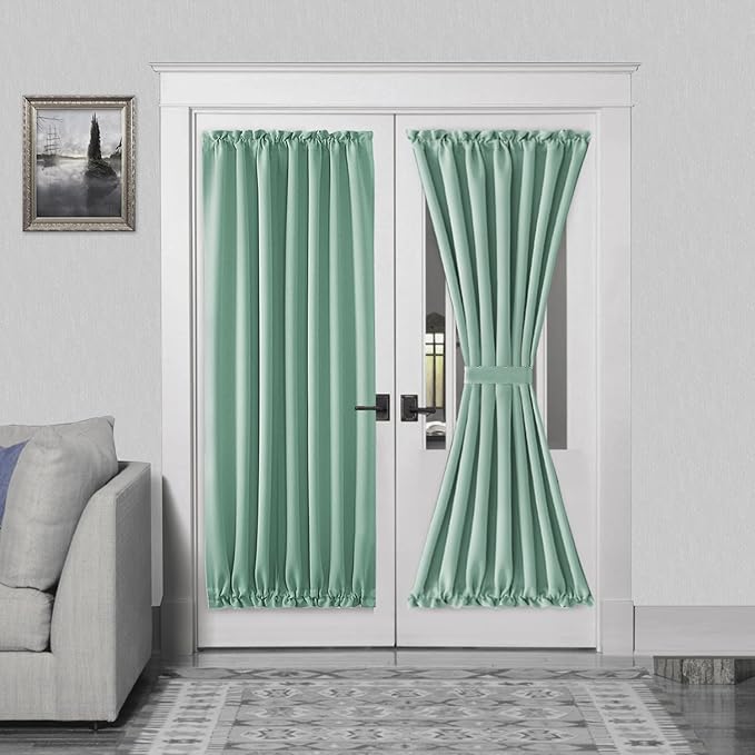 DWCN French Door Curtains – Rod Pocket Thermal Blackout Curtain for Doors with Glass Window, Kitchen and Patio Doors for Privacy, 54 X 72 Inches Long, 1 Curtain Panel with Tieback, Light Sage