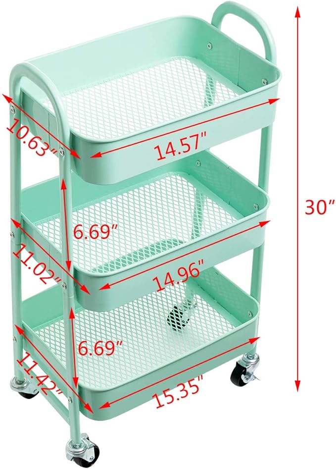 AGTEK Makeup Cart, Movable Rolling Organizer Cart, Macaron Blue 3 Tier Metal Utility Cart