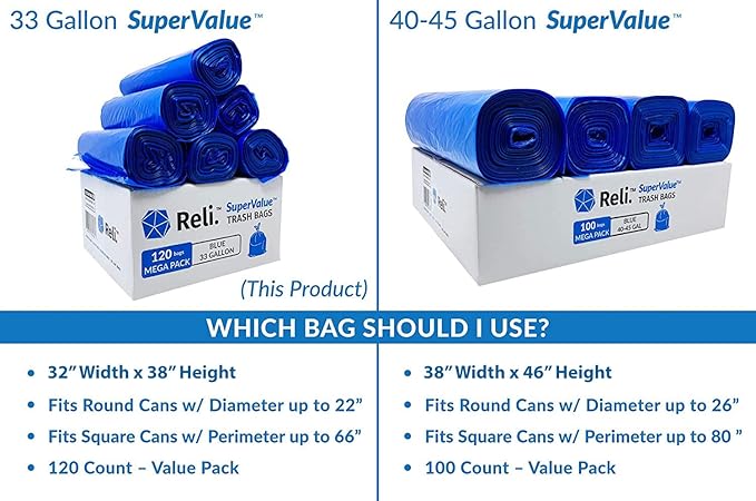Reli. SuperValue 33 Gallon Recycling Bags (120 Count) Made in the USA - Blue Trash Bags, 30-33 Gallon | Recycling, Garbage | 33Gal with 30Gal - 35Gal Capacity