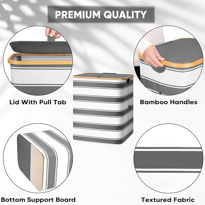 BALEINE Laundry Hamper with Lid, Tall Laundry Baskets with Bamboo Pull Handles, Large Laundry Bin with Internal Support (36 Gal/140L, Grey Stripe)