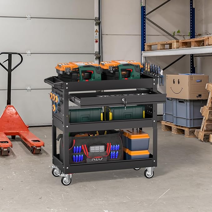 3 Tier Rolling Tool Cart on Wheels, Heavy Duty Service Cart Industrial Utility Cart with Drawer and Screwdriver Rack Pegboard, 550 LBS Mobile Tool Storage Organizer for Garage, Workshop(Black)