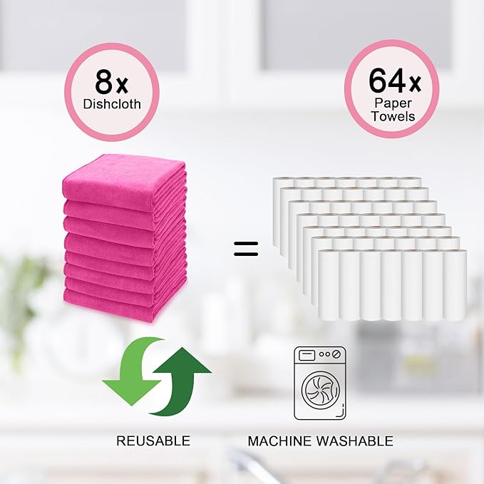 kimteny 13x28 Inches Kitchen Cloth Dish Towels, 400 GSM Premium Dishcloths, Super Absorbent Coral Velvet Microfiber Cleaning Cloths, Fast Drying Rags for Washing Dishes (8 Pack, Rose Red)