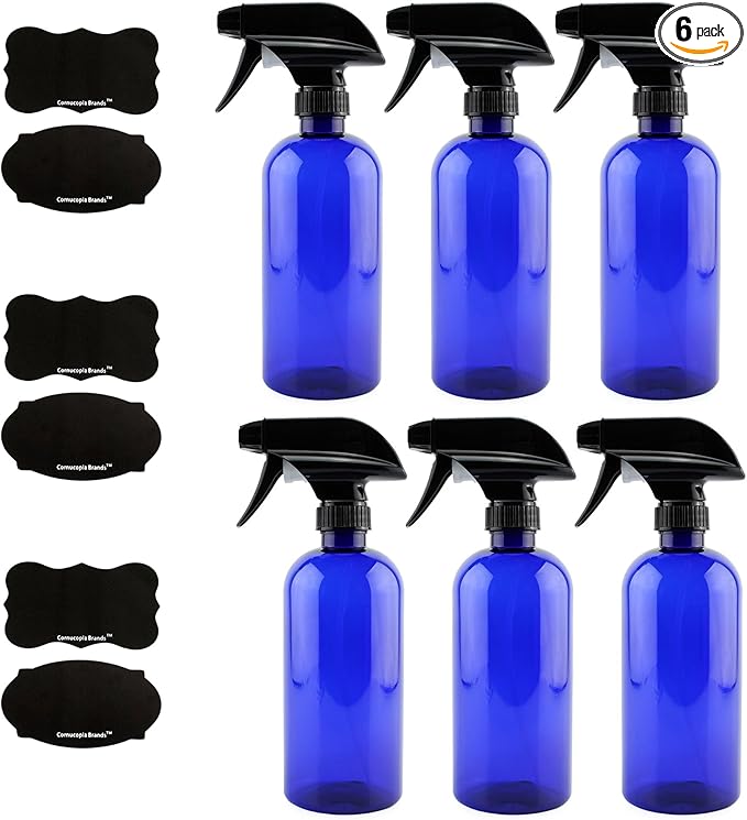 Cornucopia Brands 16oz Cobalt Blue PLASTIC Spray Bottles w/Heavy Duty Mist & Stream Sprayers and Chalkboard Labels (6-pack); PET #1 BPA-free, Use for DIY, Kitchen, Hair