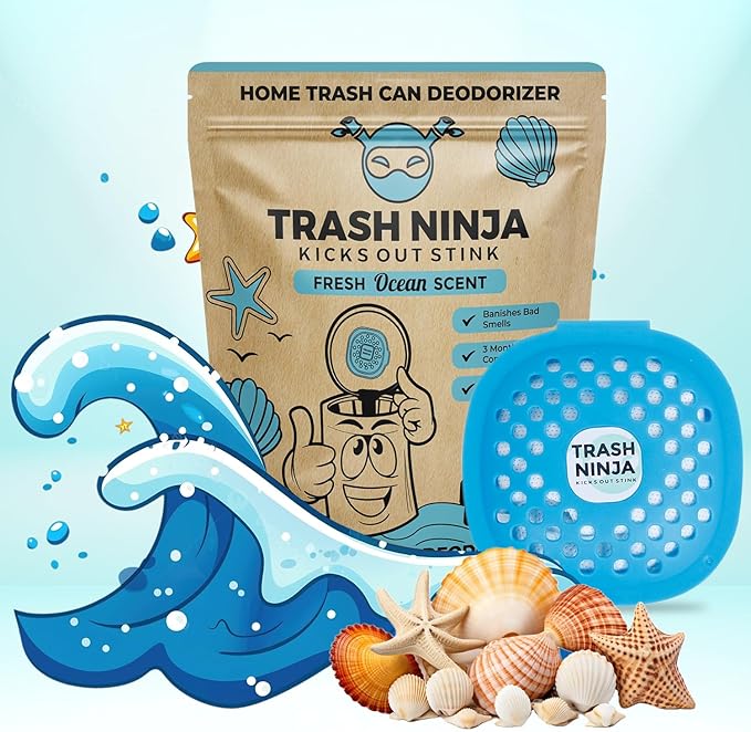 Trash Ninja Trash Can Deodorizer – Stick-On Air Freshener with Activated Charcoal and Fresh Ocean Scent for Kitchen, Bathroom, Fridge, Dumpster, and Trash Compactor Smell Removal