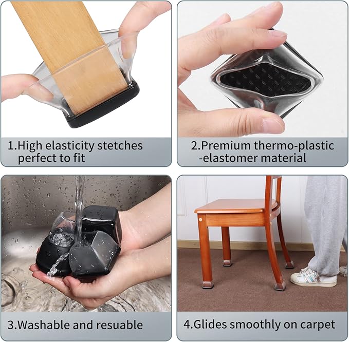 Ezprotekt 24 Pcs Large Clear Chair Leg Sliders for Carpet, Square Teflon Furniture Glides Pads Caps for Rug, Bar Stool Leg Protectors Covers for Table, Chair, Sofa Legs (XL Fit: 1.5" - 2")